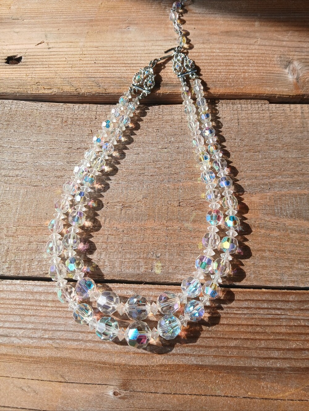Vintage Signed Coro Double Strand Aurora Borealis Crystal Bead Necklace 1950s